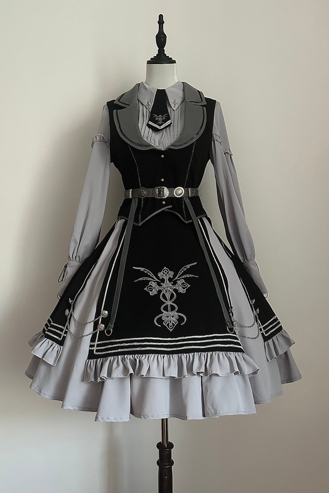 Night Pact Blue Military Lolita OP Dress - LolitaEraSK Skirt + Blouse + Vest + Belt + Tie)SNight Pact Blue Military Lolita OP Dress