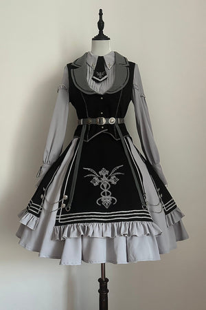 Night Pact Blue Military Lolita OP Dress - LolitaEraSK Skirt + Blouse + Vest + Belt + Tie)SNight Pact Blue Military Lolita OP Dress