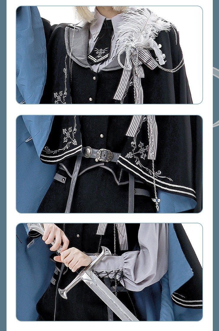 Night Pact - Pants Style Prince Blue Military Lolita Uniform - LolitaEraFeather AccessorySNight Pact - Pants Style Prince Blue Military Lolita Uniform