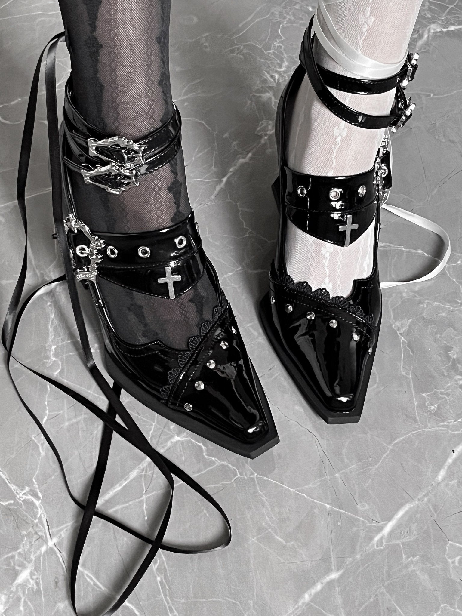 Night Visit Gothic Pointed Toe High Heels - LolitaEraPatent Black 8.5cm34Night Visit Gothic Pointed Toe High Heels