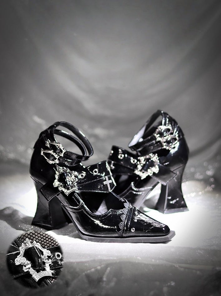 Night Visit Gothic Pointed Toe High Heels - LolitaEraCracked Black 8.5cm34Night Visit Gothic Pointed Toe High Heels
