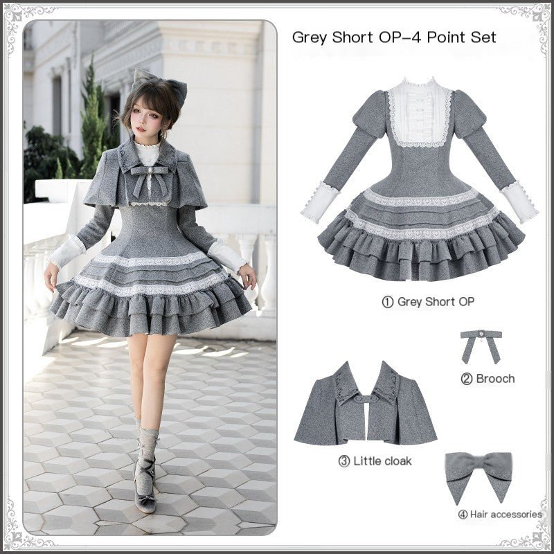 Nostalgia Classic Cape Gray OP Dress Set 1321 - LolitaEraGray Short OP SetSNostalgia Classic Cape Gray OP Dress Set 1321