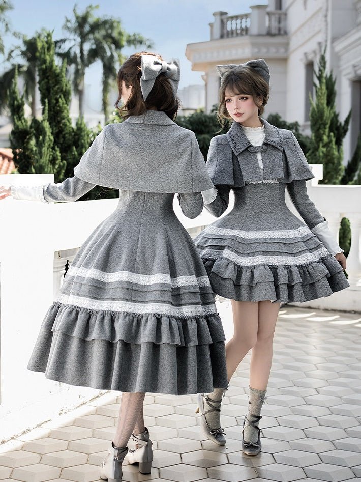 Nostalgia Classic Cape Gray OP Dress Set 1321 - LolitaEraGray Short OP SetSNostalgia Classic Cape Gray OP Dress Set 1321