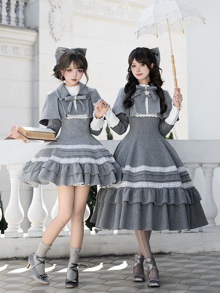 Nostalgia Classic Cape Gray OP Dress Set 1321 - LolitaEraGray Short OP SetSNostalgia Classic Cape Gray OP Dress Set 1321