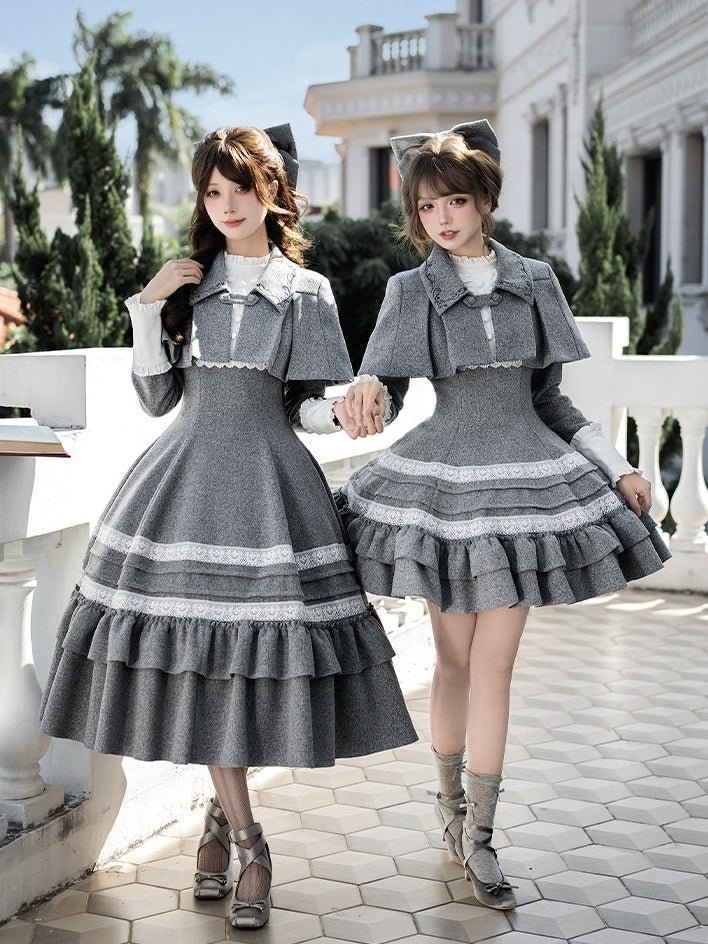 Nostalgia Classic Cape Gray OP Dress Set 1321 - LolitaEraGray Short OP SetSNostalgia Classic Cape Gray OP Dress Set 1321