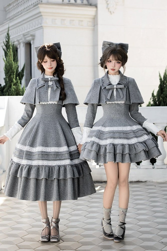 Nostalgia Classic Cape Gray OP Dress Set 1321 - LolitaEraGray Short OP SetSNostalgia Classic Cape Gray OP Dress Set 1321