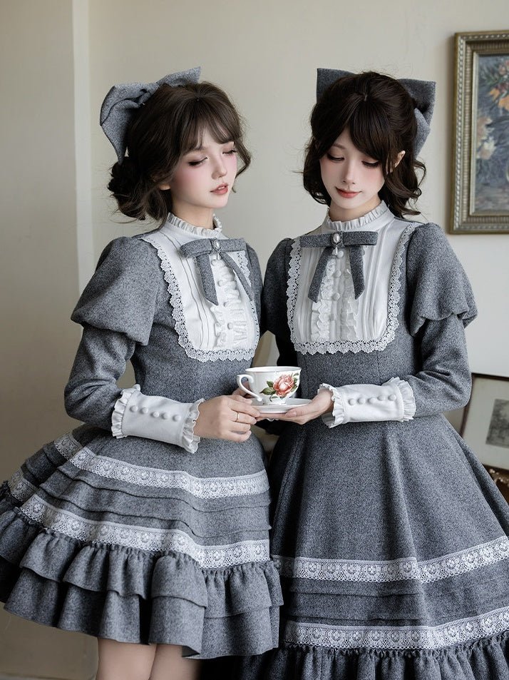 Nostalgia Classic Cape Gray OP Dress Set 1321 - LolitaEraGray Short OP SetSNostalgia Classic Cape Gray OP Dress Set 1321