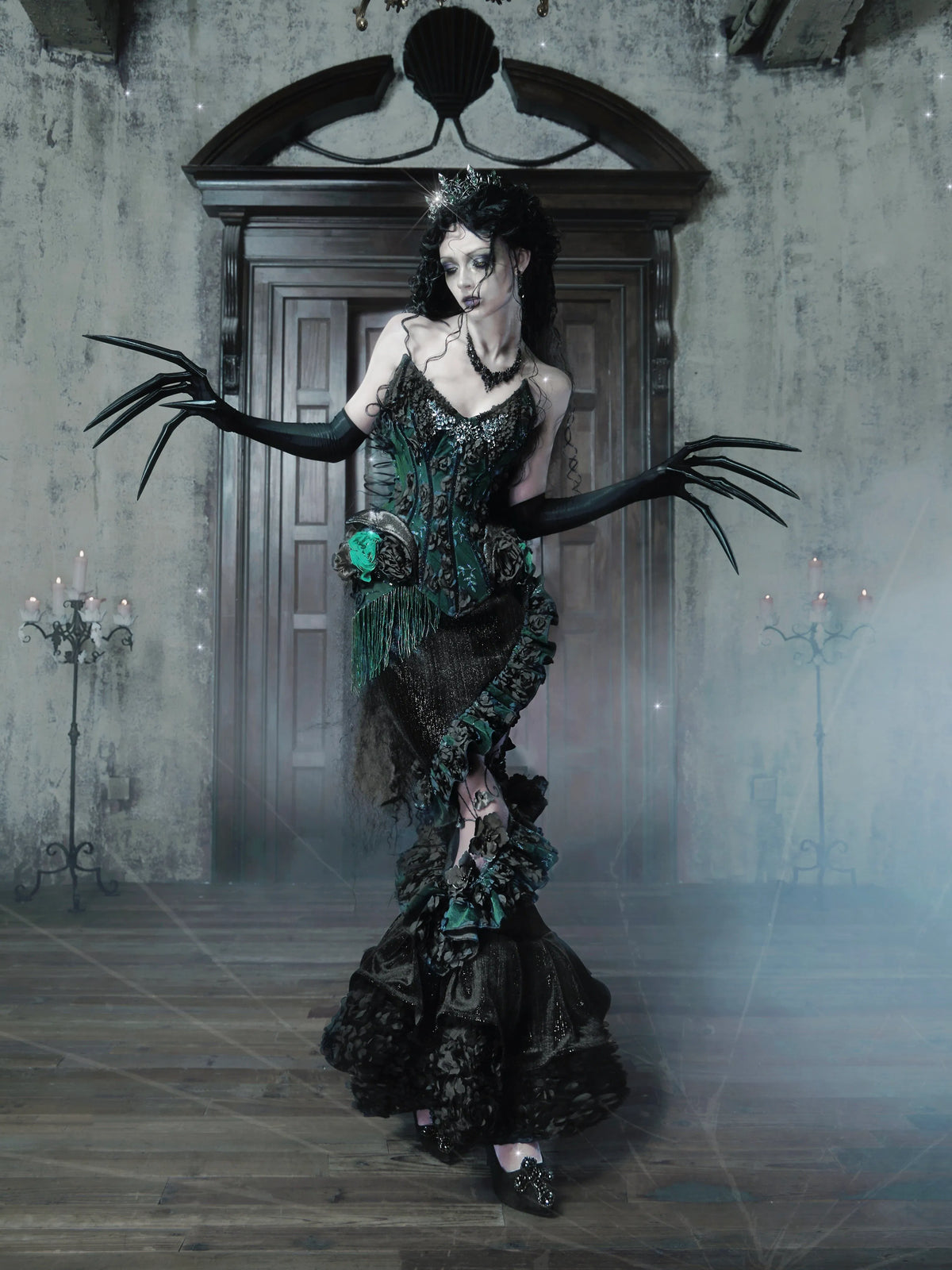 【Oct 20th 8:00 PM】Jade Night Gothic Halloween Imperial Green Fishbone Lace Corset