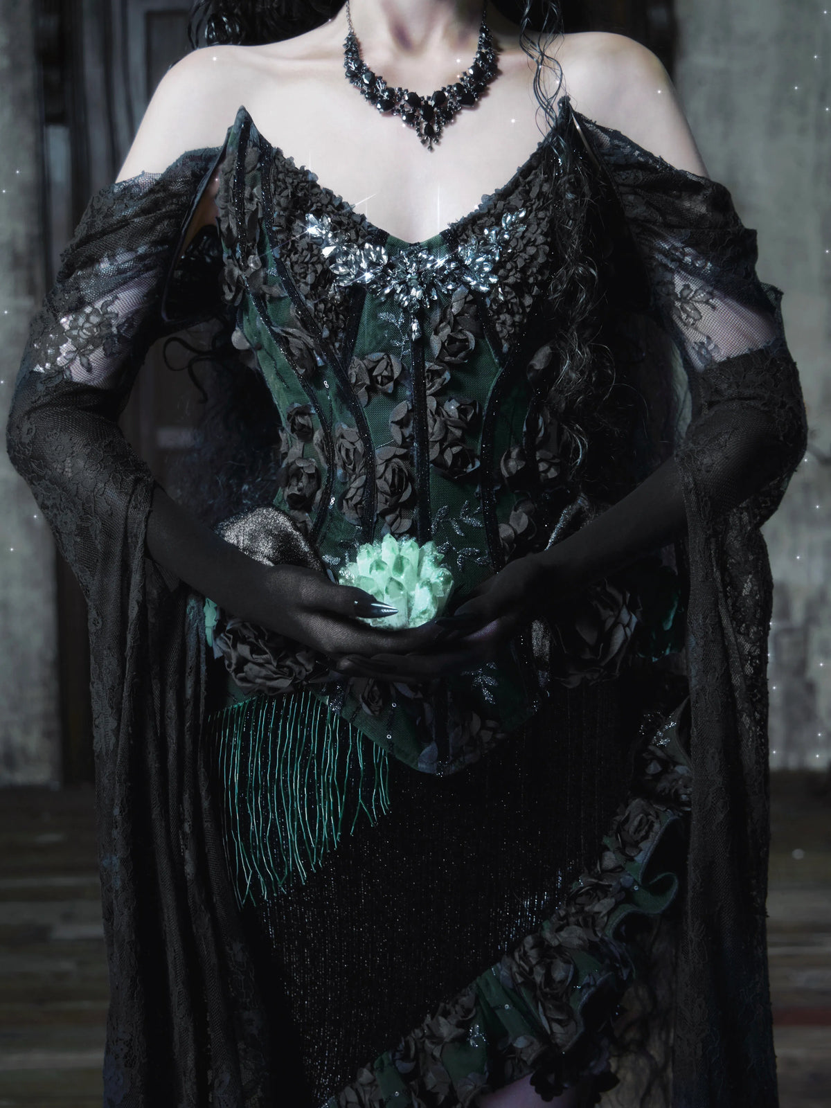 【Oct 20th 8:00 PM】Jade Night Gothic Halloween Imperial Green Fishbone Lace Corset