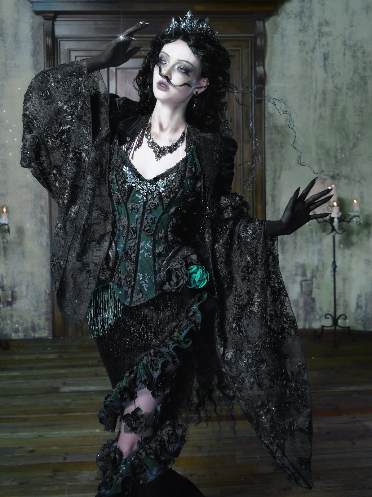 【Oct 20th 8:00 PM】Jade Night Gothic Halloween Imperial Green Fishbone Lace Corset