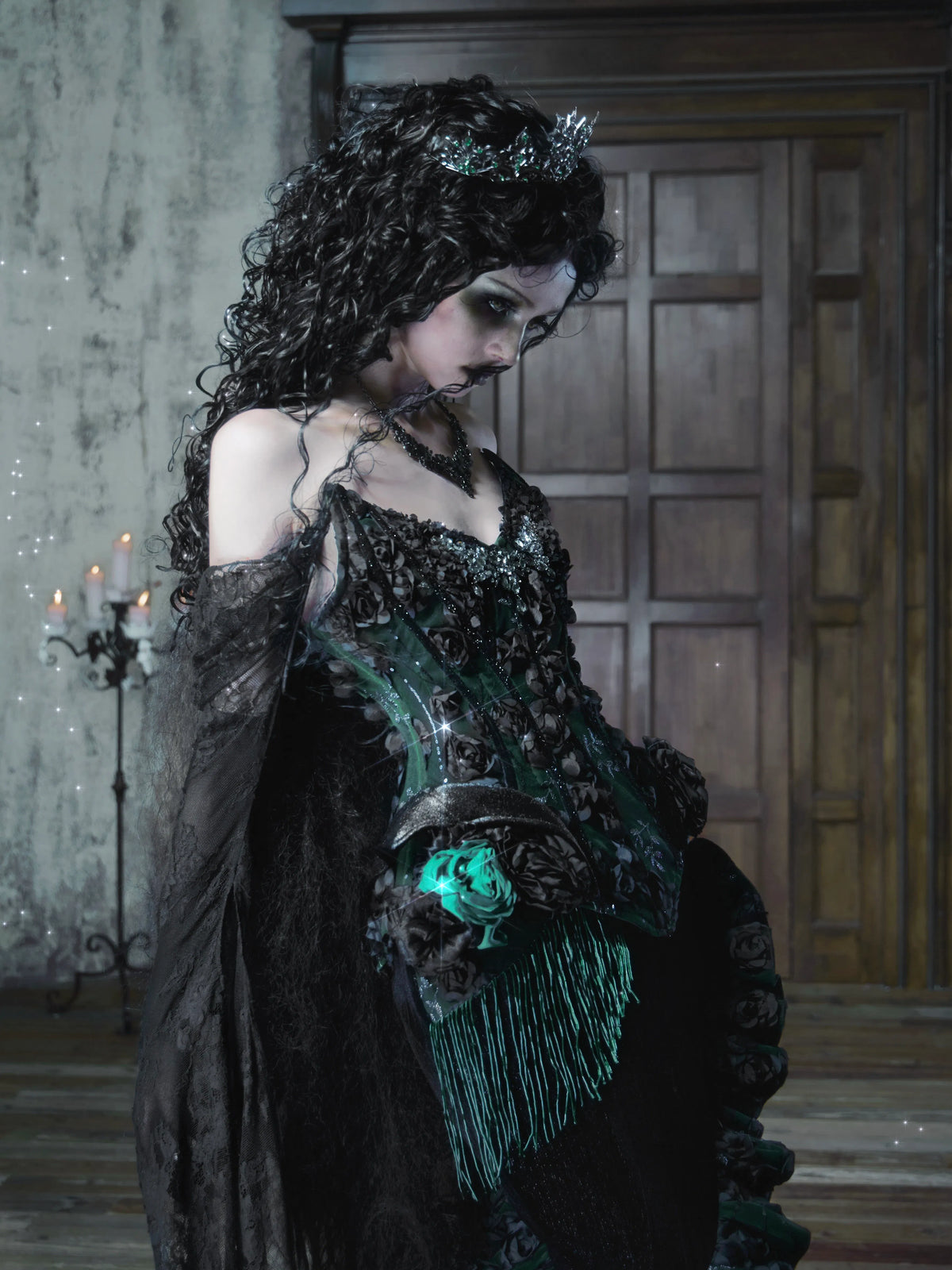【Oct 20th 8:00 PM】Jade Night Gothic Halloween Imperial Green Fishbone Lace Corset