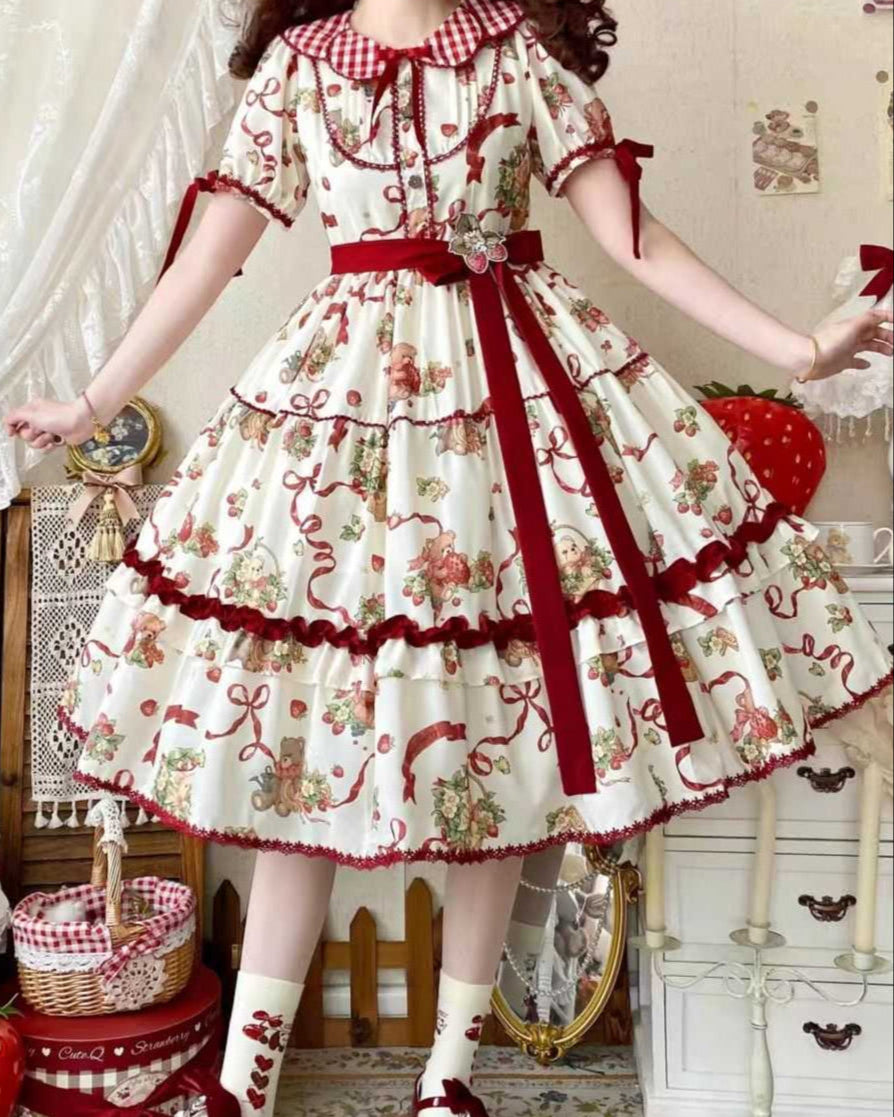 Lolita Sweet Strawberry Bear Cookie OP Dress LS1021