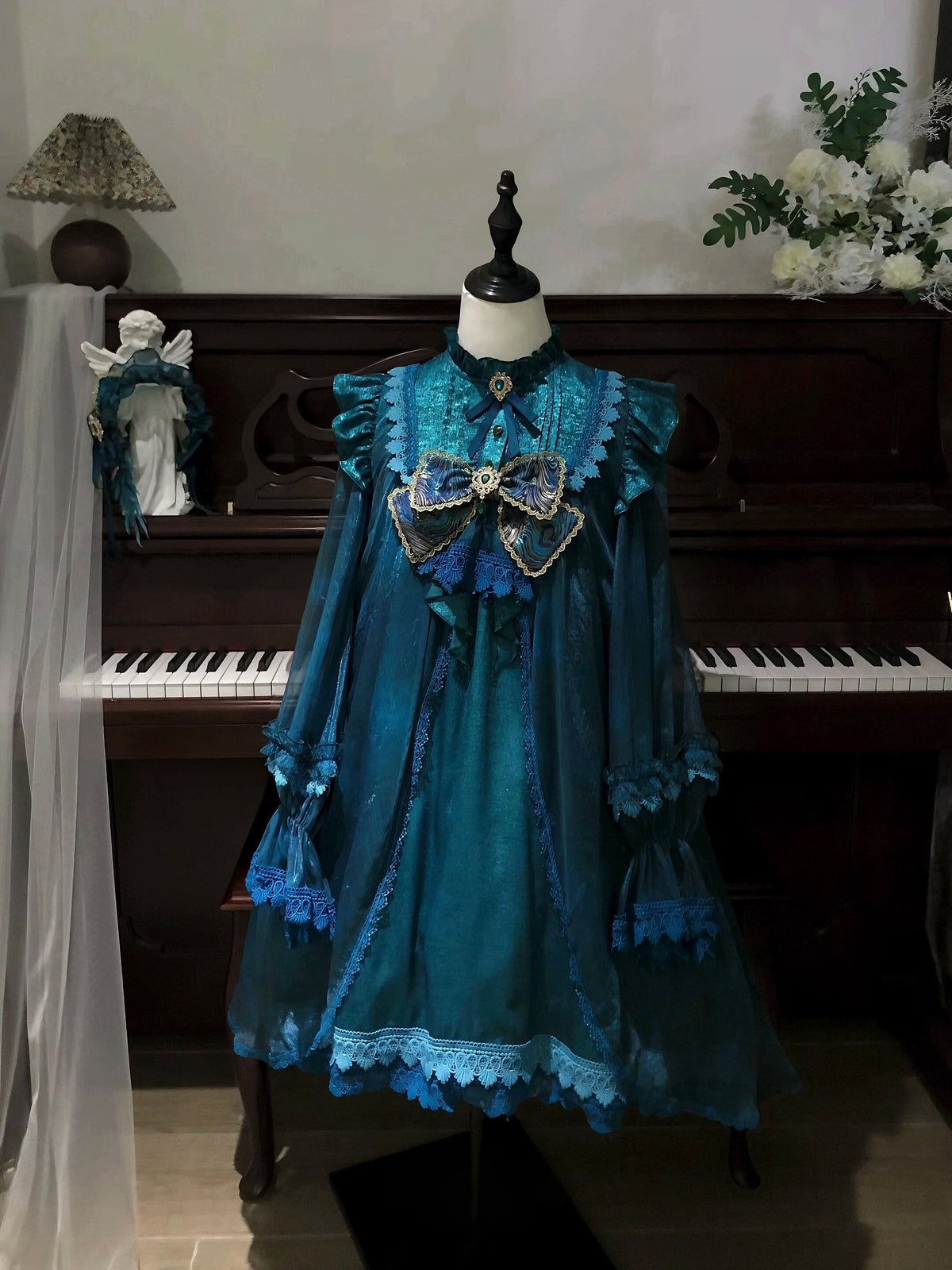 Peacock Feather Lolita Peacock Blue Long Sleeve OP Dress