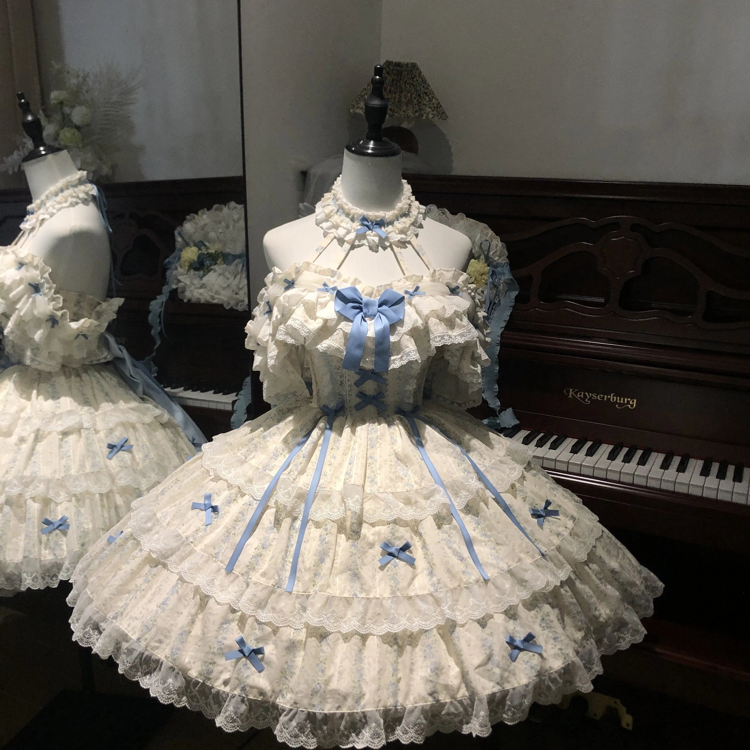 渔老板 Genuine blue detachable hair accessory, flowered, Lolita style