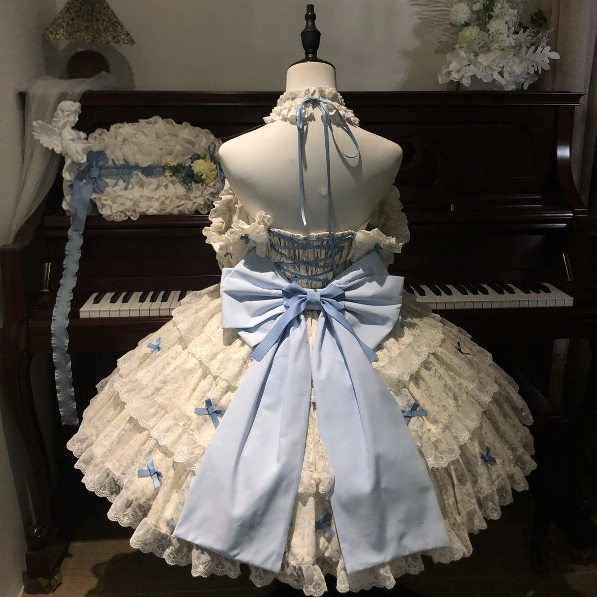 渔老板 Genuine blue detachable hair accessory, flowered, Lolita style
