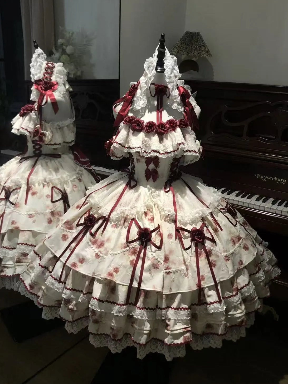 Yuyujia Original Crimson Love Letter Lolita Dress (includes dress, sleeves, neck accessory, train, and hairband)