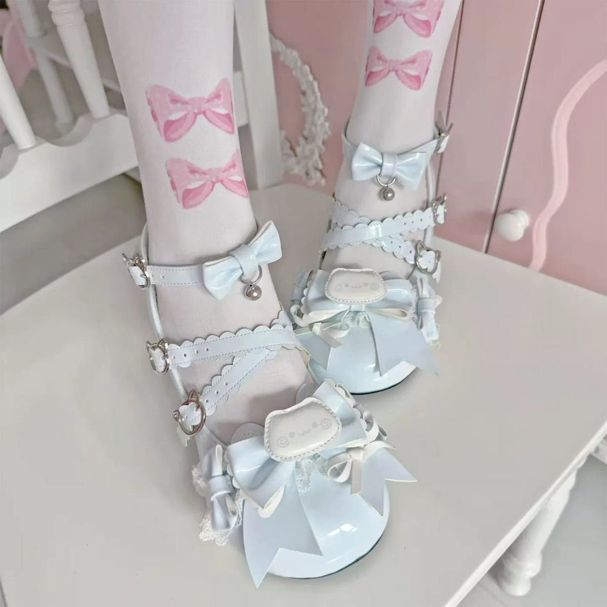 Genuine design high heels heels with bow, Lolita style, mid heel