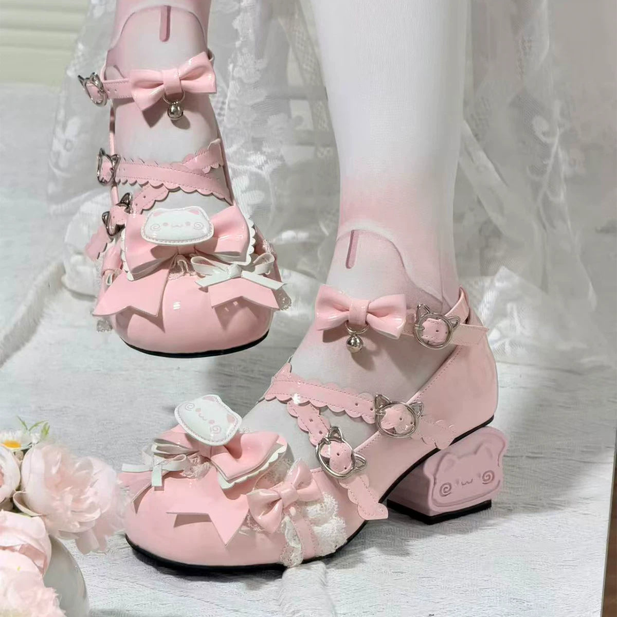 Genuine design high heels heels with bow, Lolita style, mid heel