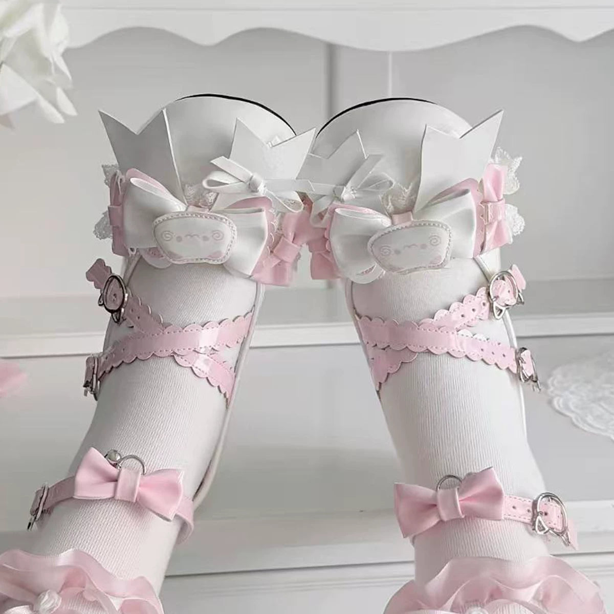 Genuine design high heels heels with bow, Lolita style, mid heel