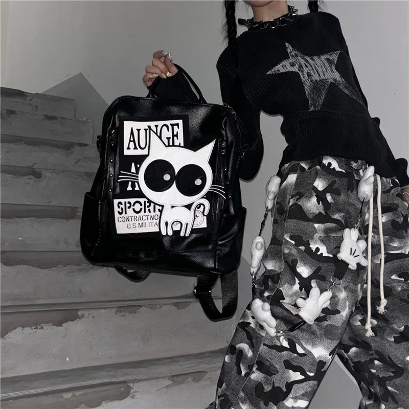 Nikko Yu original niche backpack kitten Y2K large capacity letter school bag for class commuting out of town large backpack