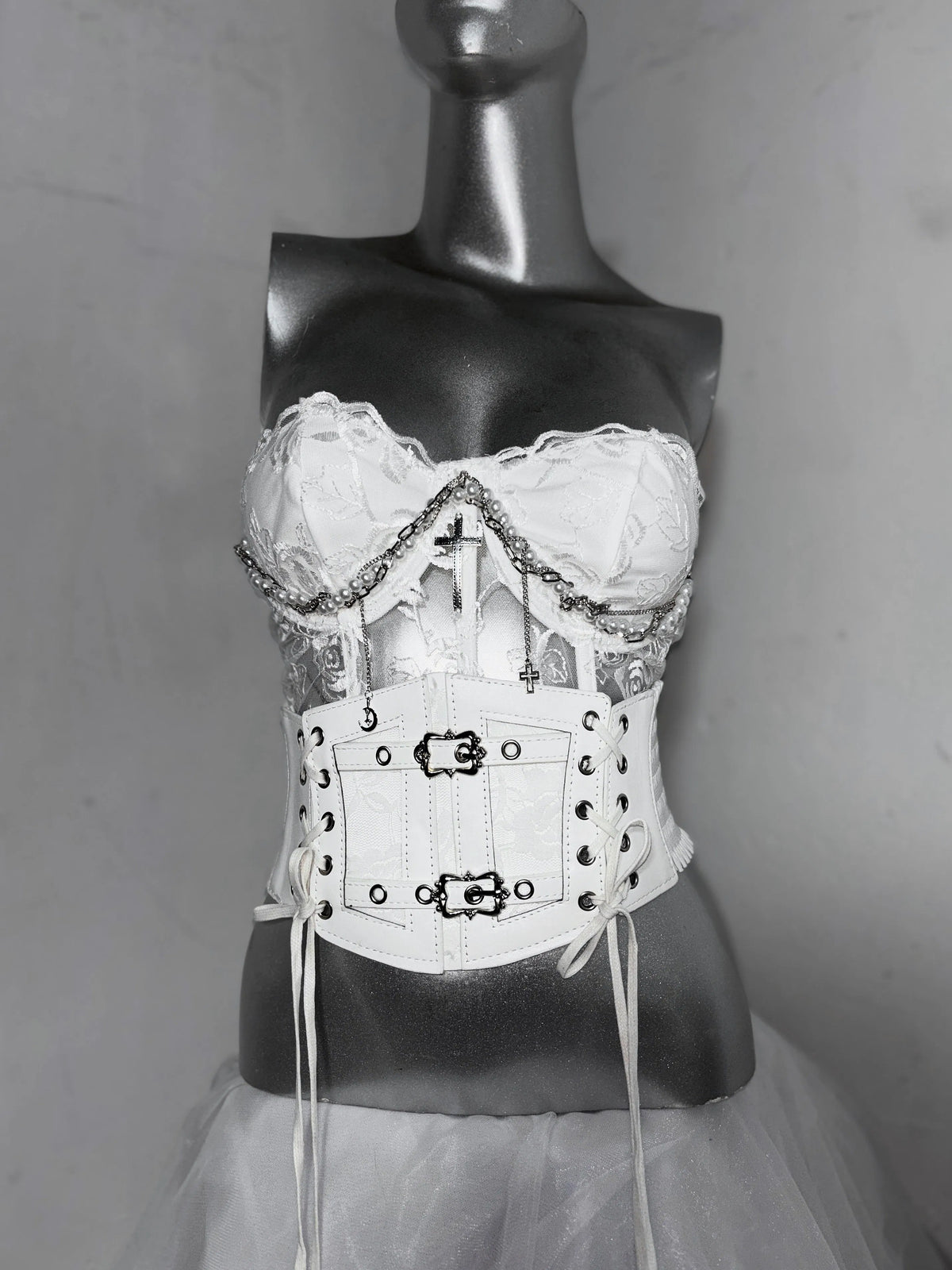Tdh Original Pure White Gothic Ribbed Fishbone Corset + Three-Dimensional Lace Birdcage Skirt Two-Piece Dress