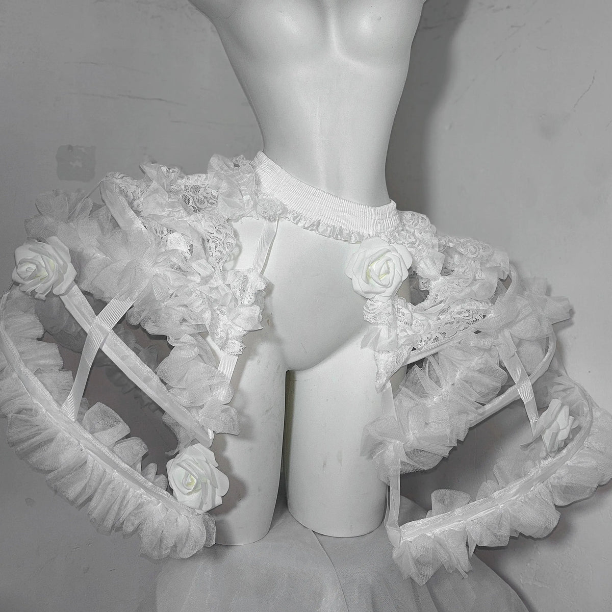 Tdh Original Pure White Gothic Ribbed Fishbone Corset + Three-Dimensional Lace Birdcage Skirt Two-Piece Dress