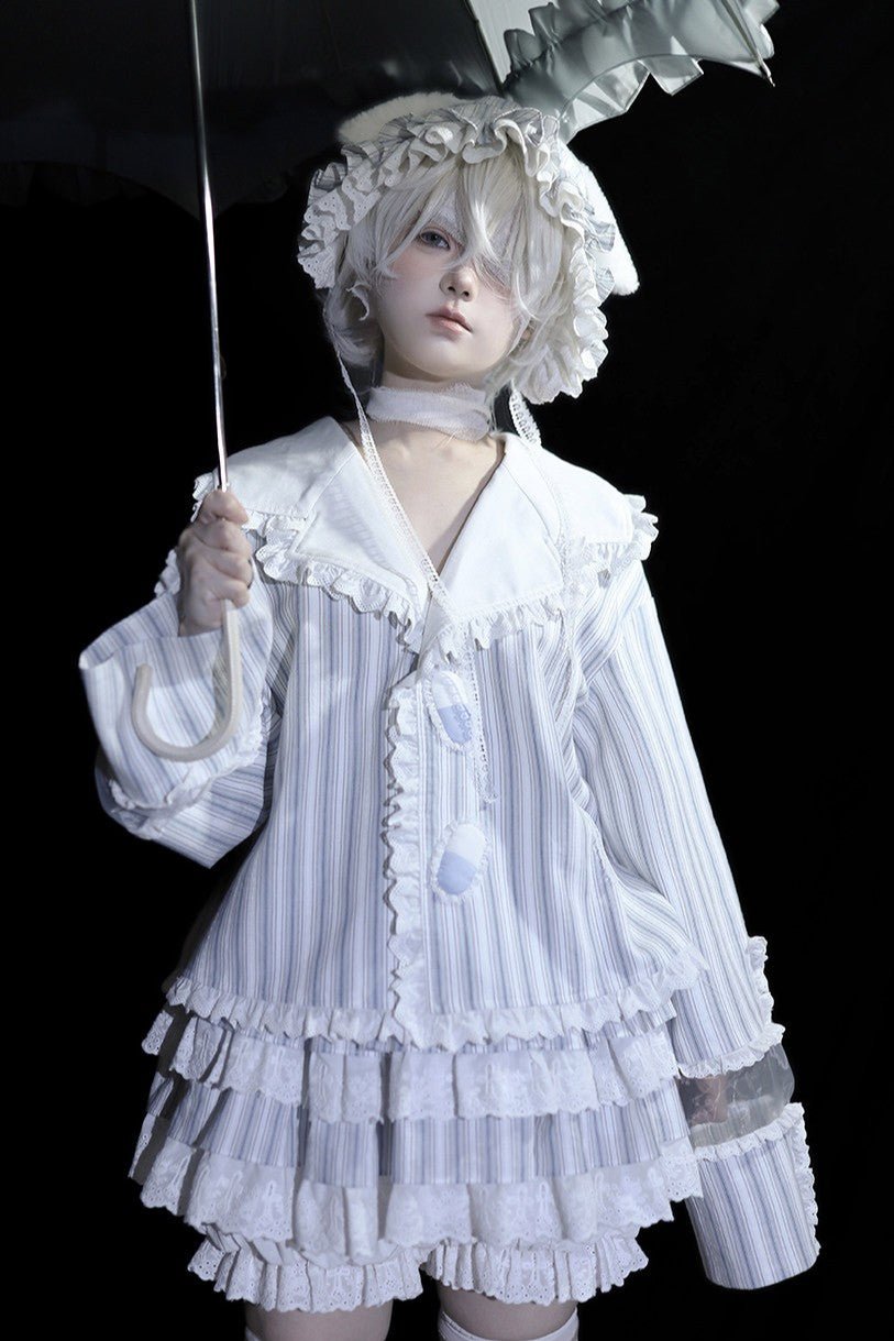 Painful Memory Lolita Sky Blue Striped Nightgown 1745 - LolitaEraTopSPainful Memory Lolita Sky Blue Striped Nightgown 1745