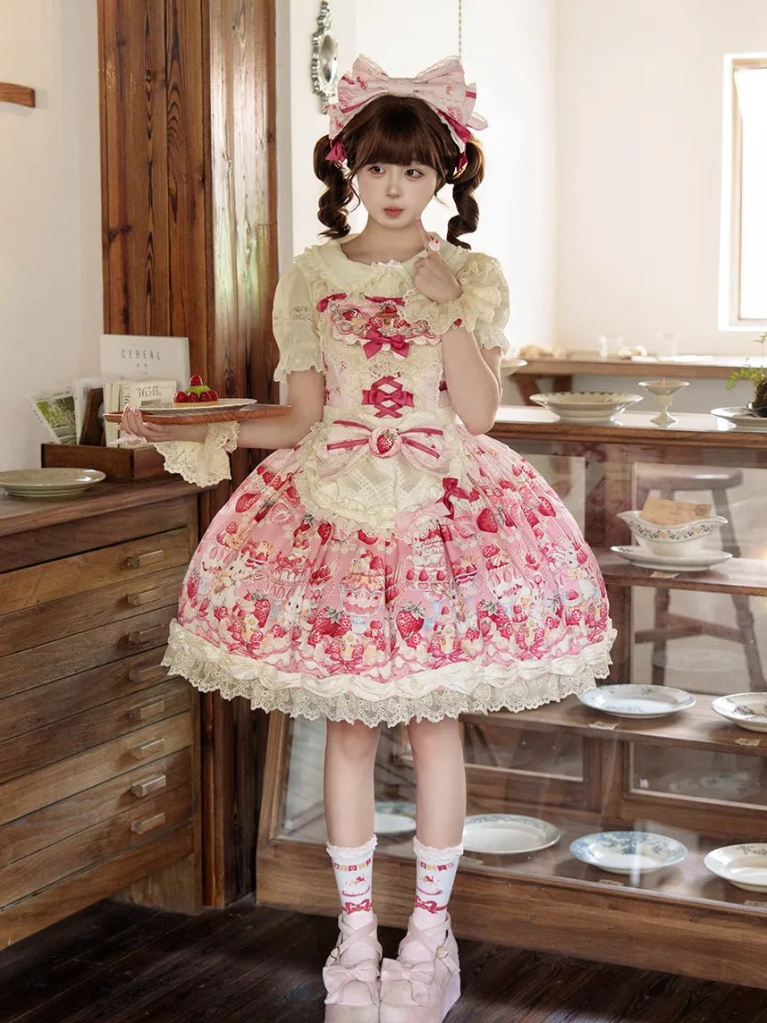 Parfait Dessert Bunny Sweet Cute Strawberry Print Embroidered JSK - LolitaEra