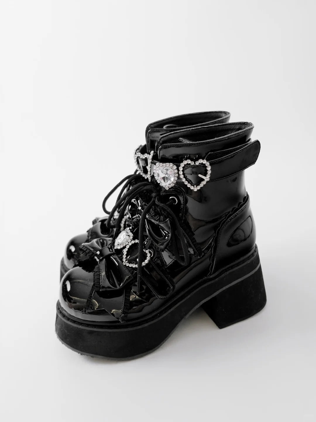 Passionate Love Song Lace Bow Patent Leather Lolita Platform Boots - LolitaEra