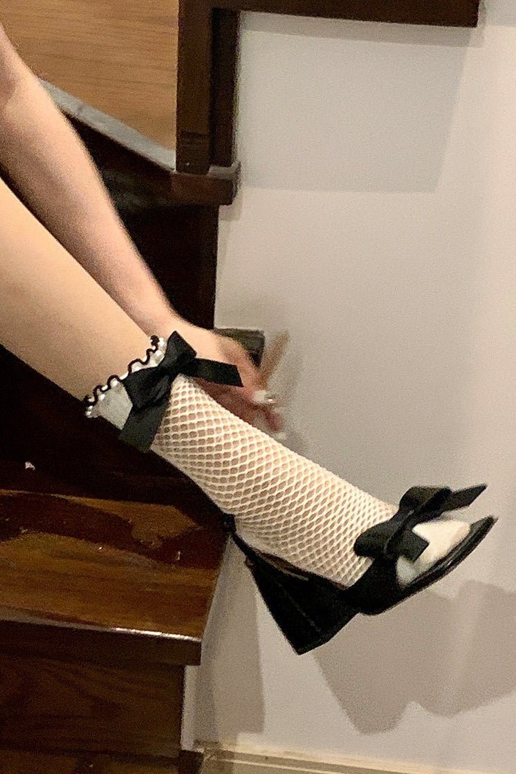 Pearl Bow Girly Mesh Mid - Calf Socks - LolitaEraWhitePearl Bow Girly Mesh Mid - Calf Socks