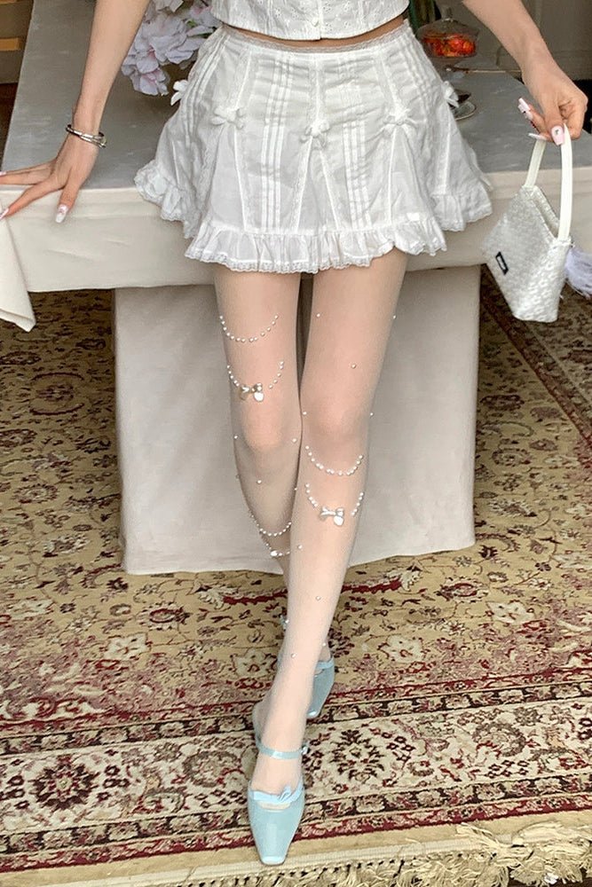 Pearl Dotted Japanese Girly Tights - LolitaEraWhitePearl Dotted Japanese Girly Tights