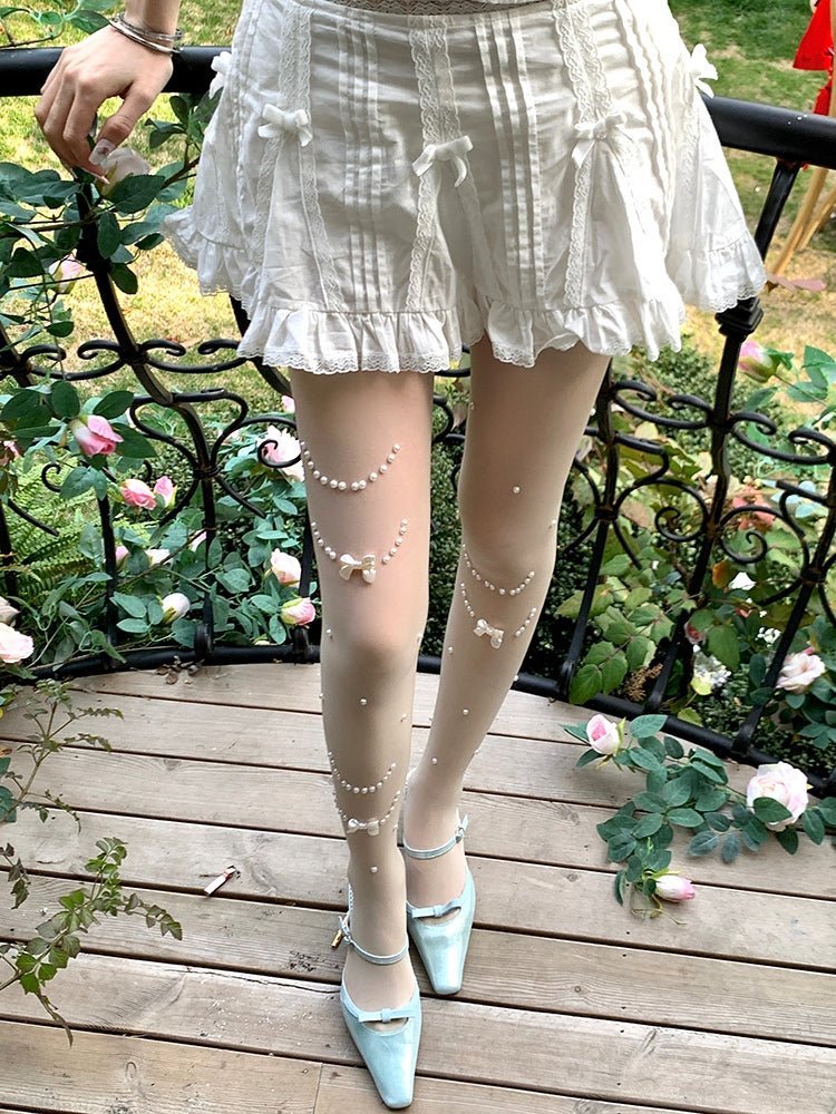 Pearl Dotted Japanese Girly Tights - LolitaEraWhitePearl Dotted Japanese Girly Tights