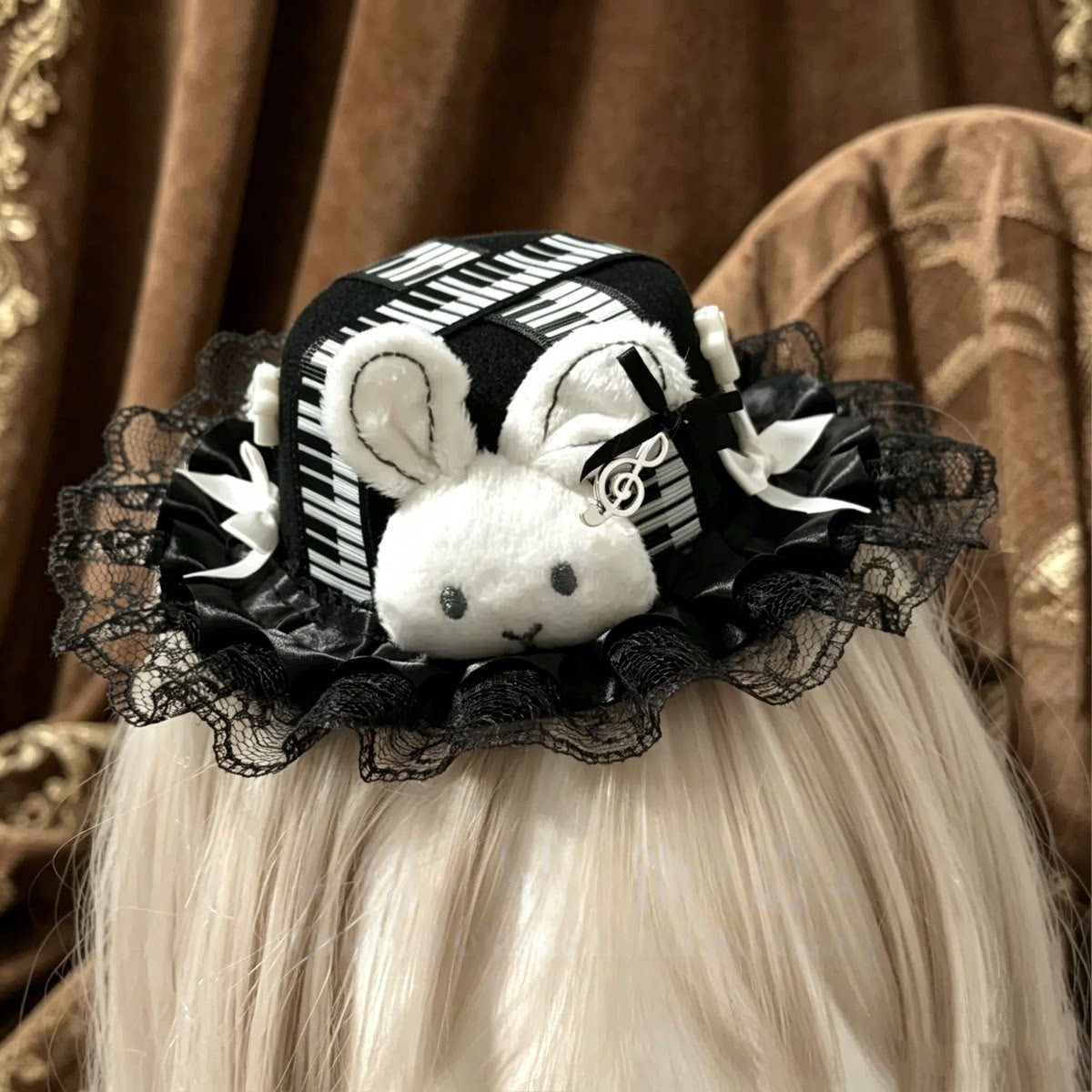 Piano Key Lace Bunny Ear Lolita Headband Mini Hat Hair Accessory Set - LolitaEra