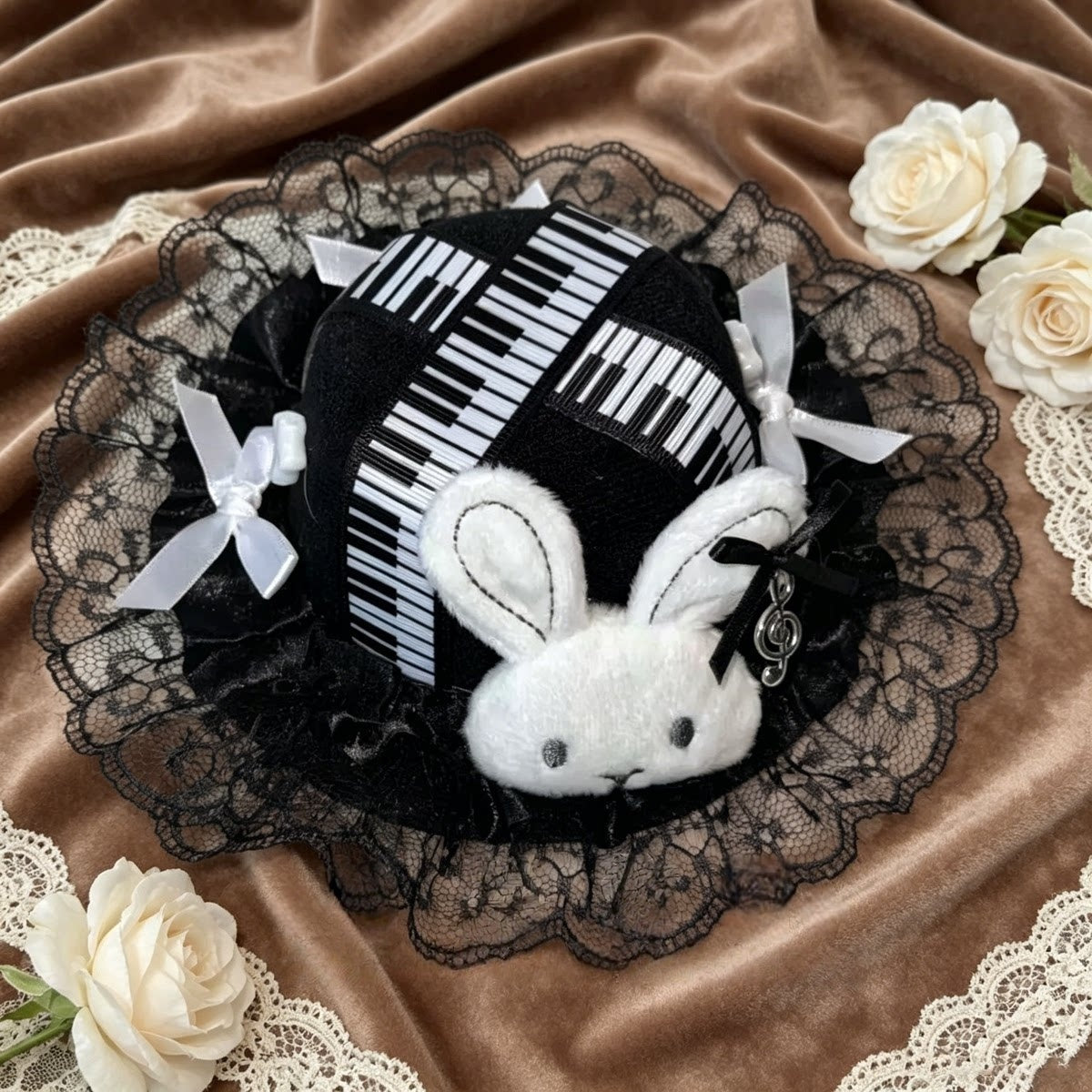 Piano Key Lace Bunny Ear Lolita Headband Mini Hat Hair Accessory Set - LolitaEra