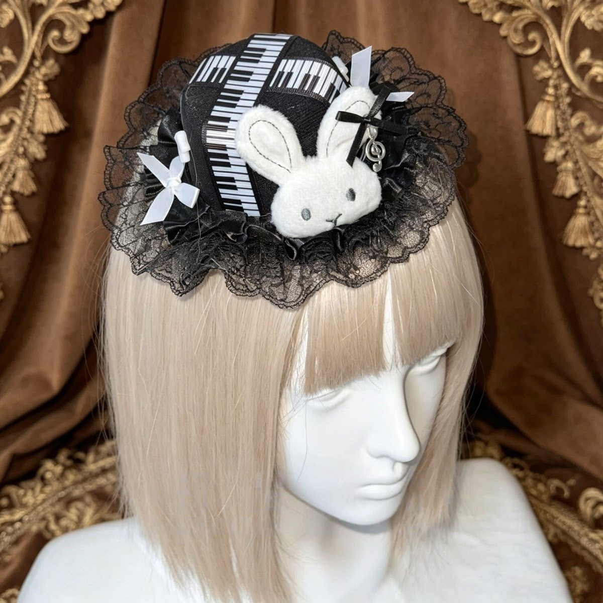 Piano Key Lace Bunny Ear Lolita Headband Mini Hat Hair Accessory Set - LolitaEra