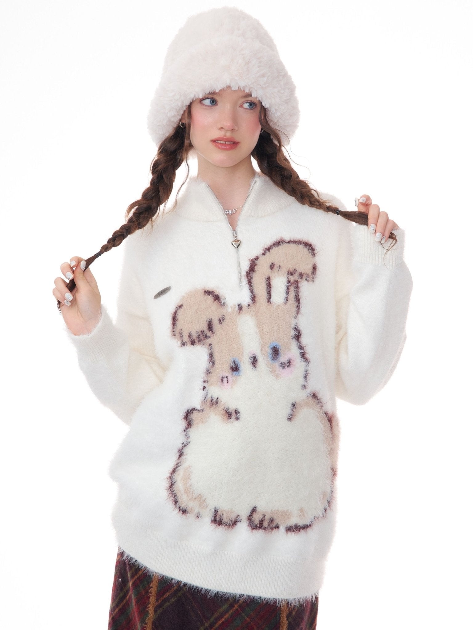 Pink Bunny Half-Zip High Collar Plush Sweater - LolitaEra