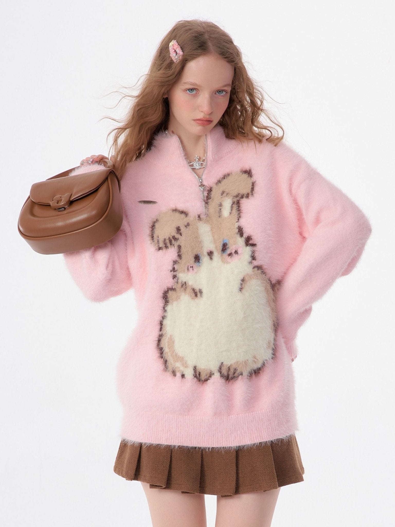 Pink Bunny Half - Zip High Collar Plush Sweater LE1157 - LolitaEraPinkSPink Bunny Half - Zip High Collar Plush Sweater LE1157