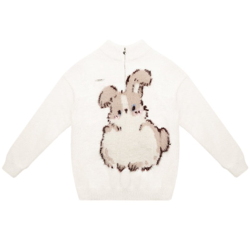 Pink Bunny Half - Zip High Collar Plush Sweater LE1157 - LolitaEraWhiteSPink Bunny Half - Zip High Collar Plush Sweater LE1157