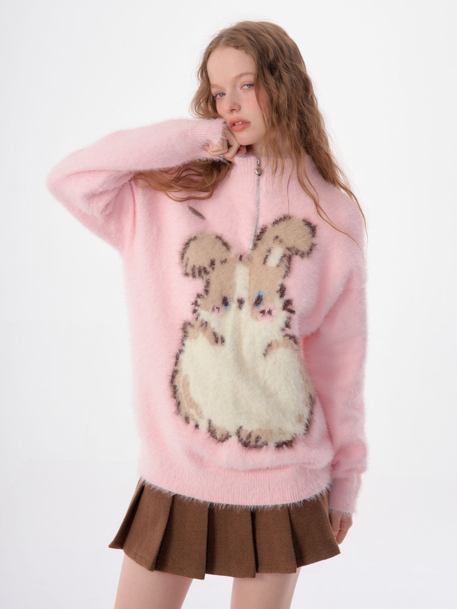 Pink Bunny Half - Zip High Collar Plush Sweater LE1157 - LolitaEraPinkSPink Bunny Half - Zip High Collar Plush Sweater LE1157