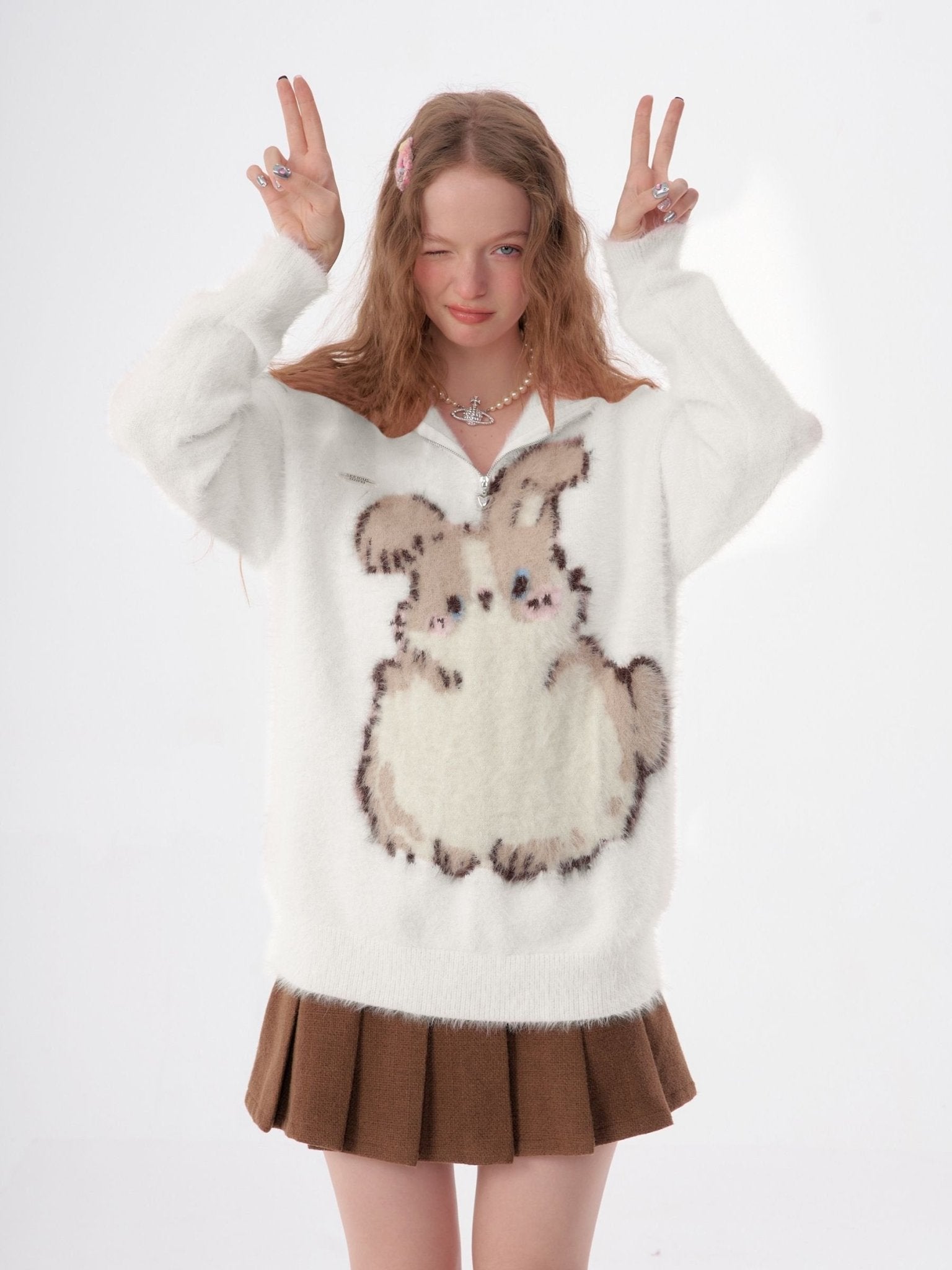 Pink Bunny Half - Zip High Collar Plush Sweater LE1157 - LolitaEraPinkSPink Bunny Half - Zip High Collar Plush Sweater LE1157