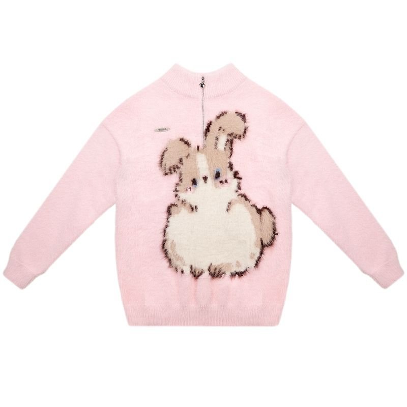 Pink Bunny Half - Zip High Collar Plush Sweater LE1157 - LolitaEraPinkSPink Bunny Half - Zip High Collar Plush Sweater LE1157