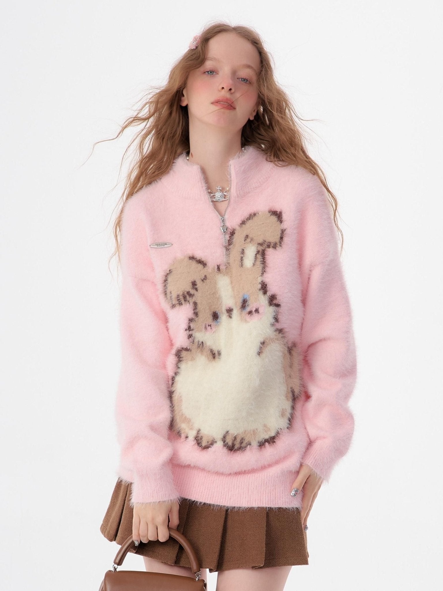 Pink Bunny Half - Zip High Collar Plush Sweater LE1157 - LolitaEraPinkSPink Bunny Half - Zip High Collar Plush Sweater LE1157
