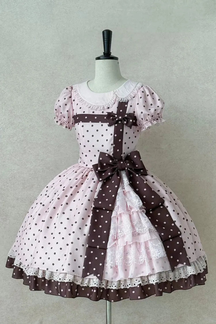 Pink [Canelé Gift Box] Round Collar Short Sleeves Double-Layered Printed Polka Dot Ruffled Open-Front Bow Asymmetric Sweet Lolita Dress Version 2
