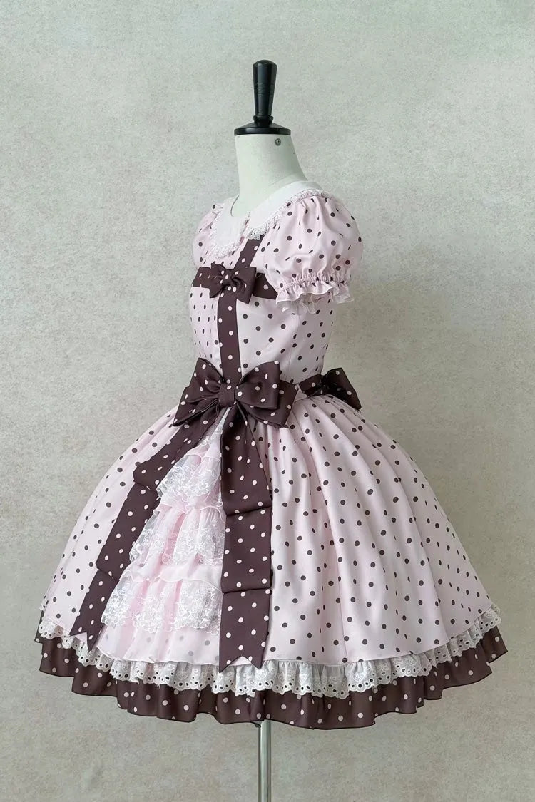 Pink [Canelé Gift Box] Round Collar Short Sleeves Double-Layered Printed Polka Dot Ruffled Open-Front Bow Asymmetric Sweet Lolita Dress Version 2