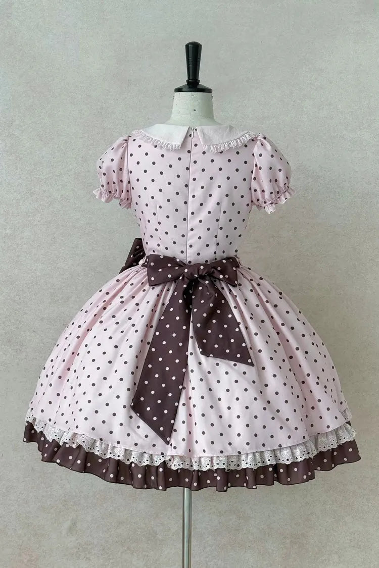 Pink [Canelé Gift Box] Round Collar Short Sleeves Double-Layered Printed Polka Dot Ruffled Open-Front Bow Asymmetric Sweet Lolita Dress Version 2