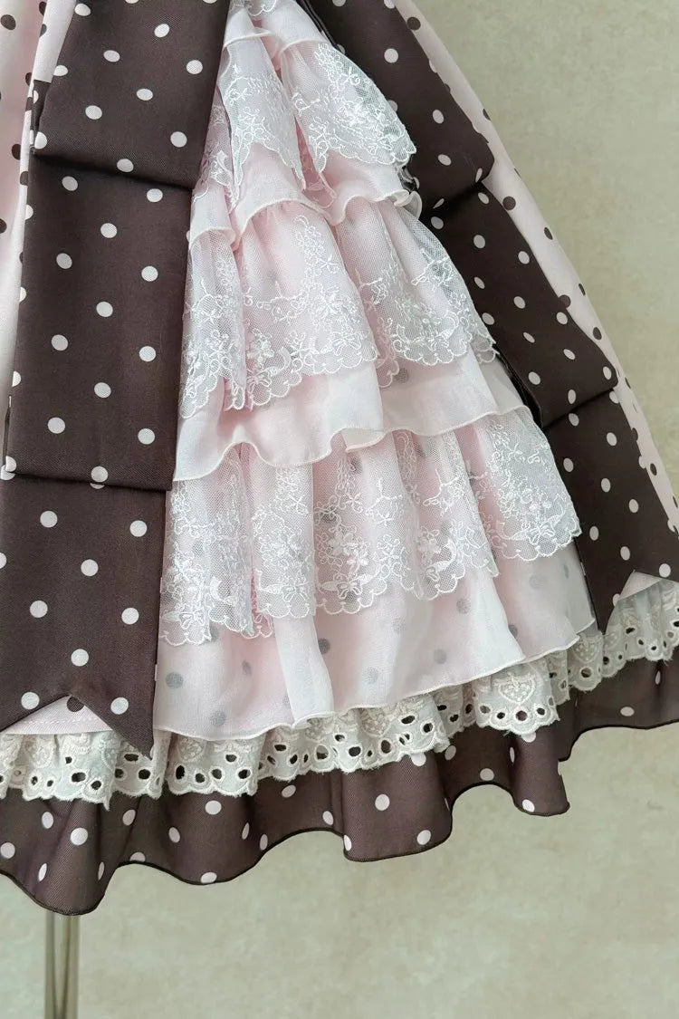 Pink [Canelé Gift Box] Round Collar Short Sleeves Double-Layered Printed Polka Dot Ruffled Open-Front Bow Asymmetric Sweet Lolita Dress Version 2