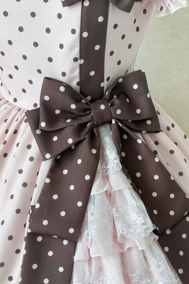 Pink [Canelé Gift Box] Round Collar Short Sleeves Double-Layered Printed Polka Dot Ruffled Open-Front Bow Asymmetric Sweet Lolita Dress Version 2