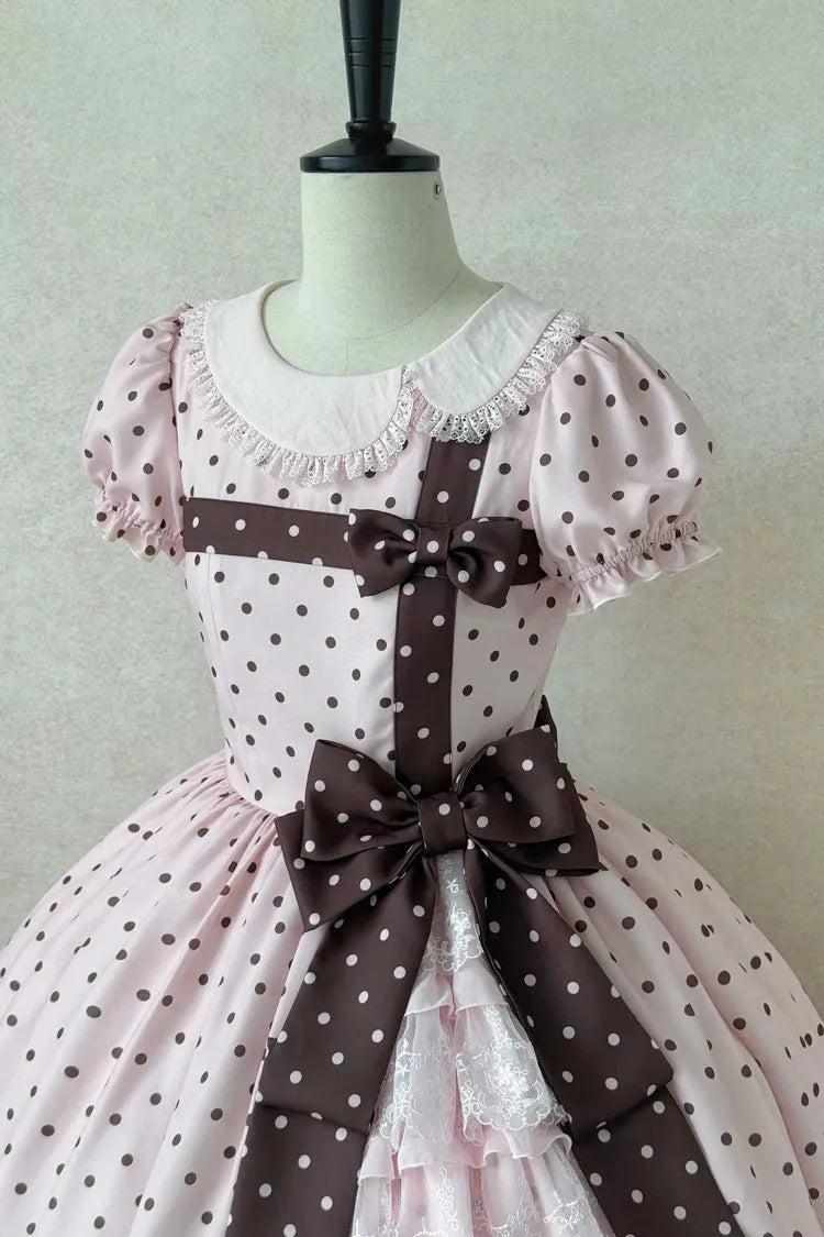 Pink [Canelé Gift Box] Round Collar Short Sleeves Double-Layered Printed Polka Dot Ruffled Open-Front Bow Asymmetric Sweet Lolita Dress Version 2