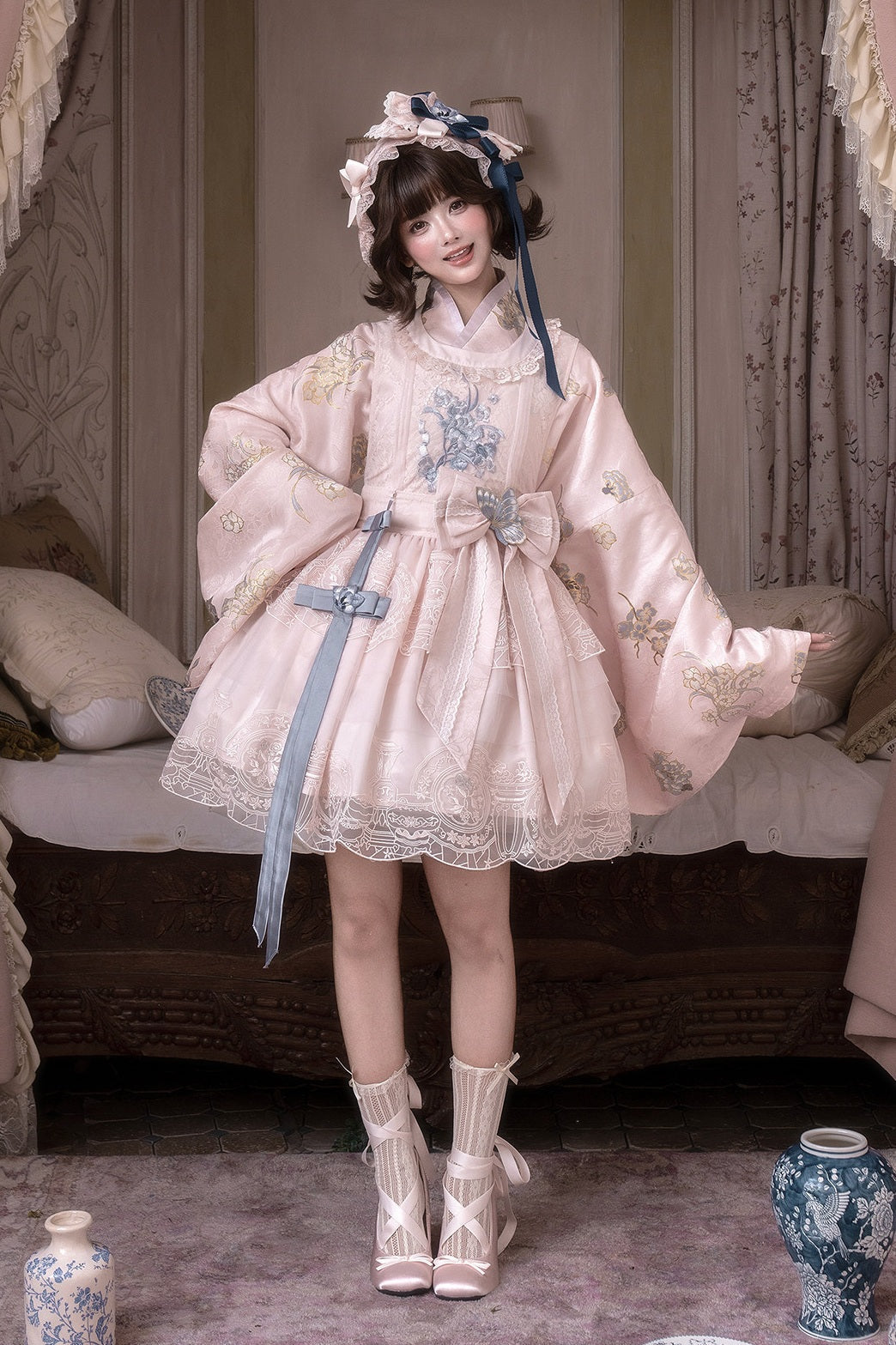 Pink Glaze Celadon Floral Embroidery Wa Lolita JSK Dress Set - LolitaEra