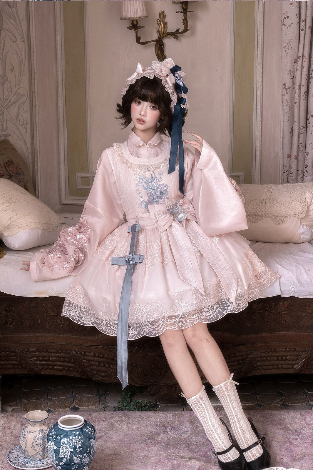 Pink Glaze Celadon Floral Embroidery Wa Lolita JSK Dress Set - LolitaEra